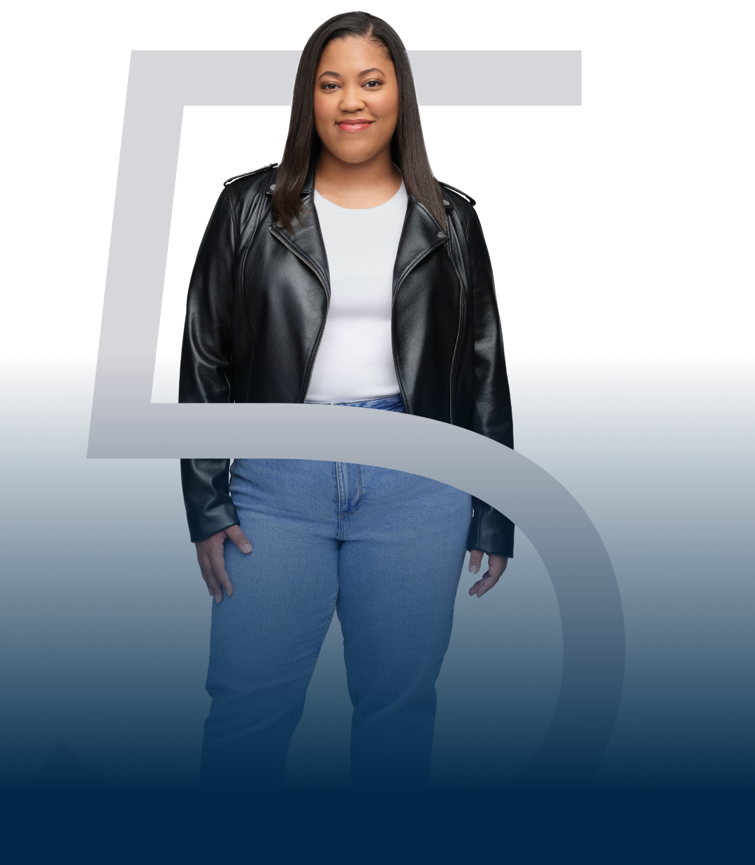 A full image of Amber standing within the number 5, representative of her MG-ADL score