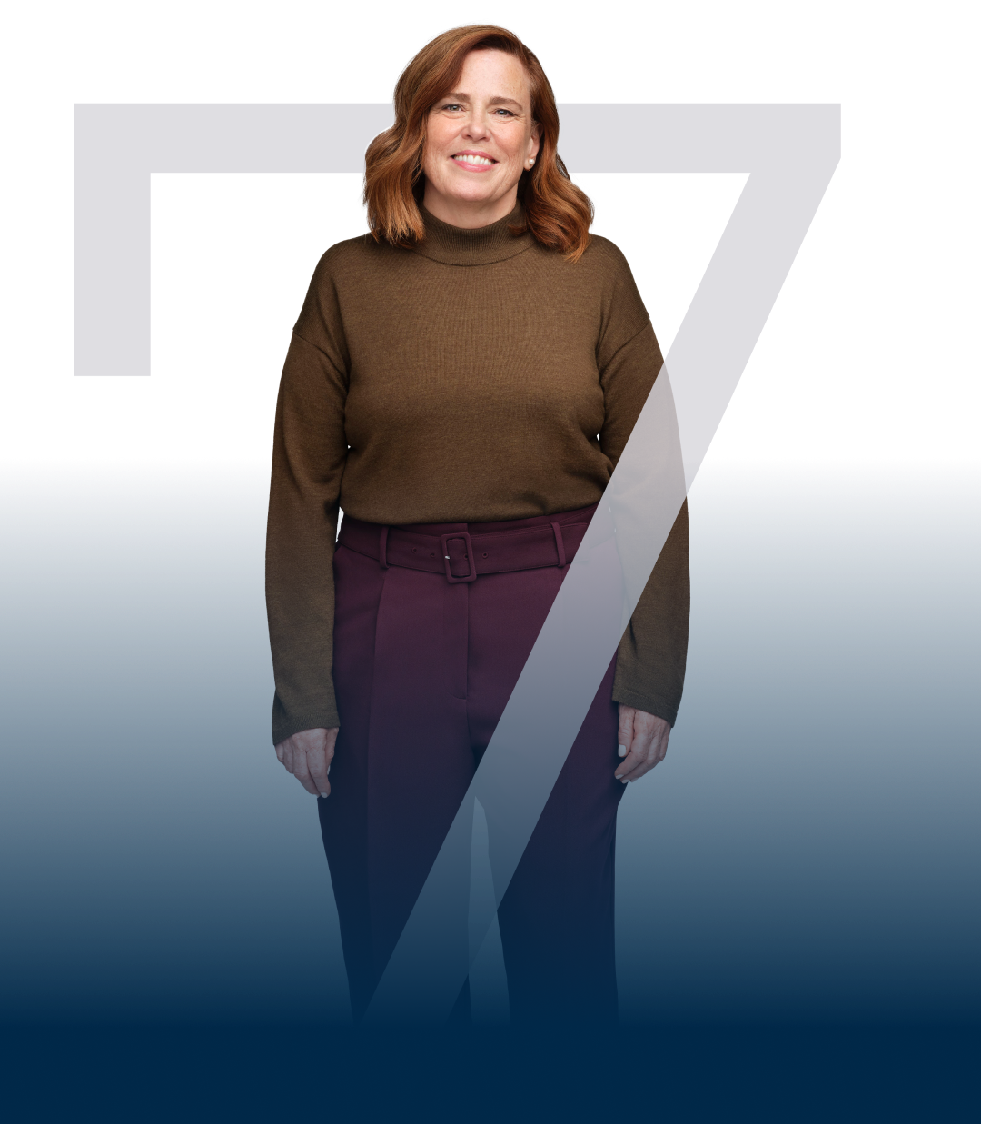 A full image of Diane standing within the number 7, representative of her MG-ADL score